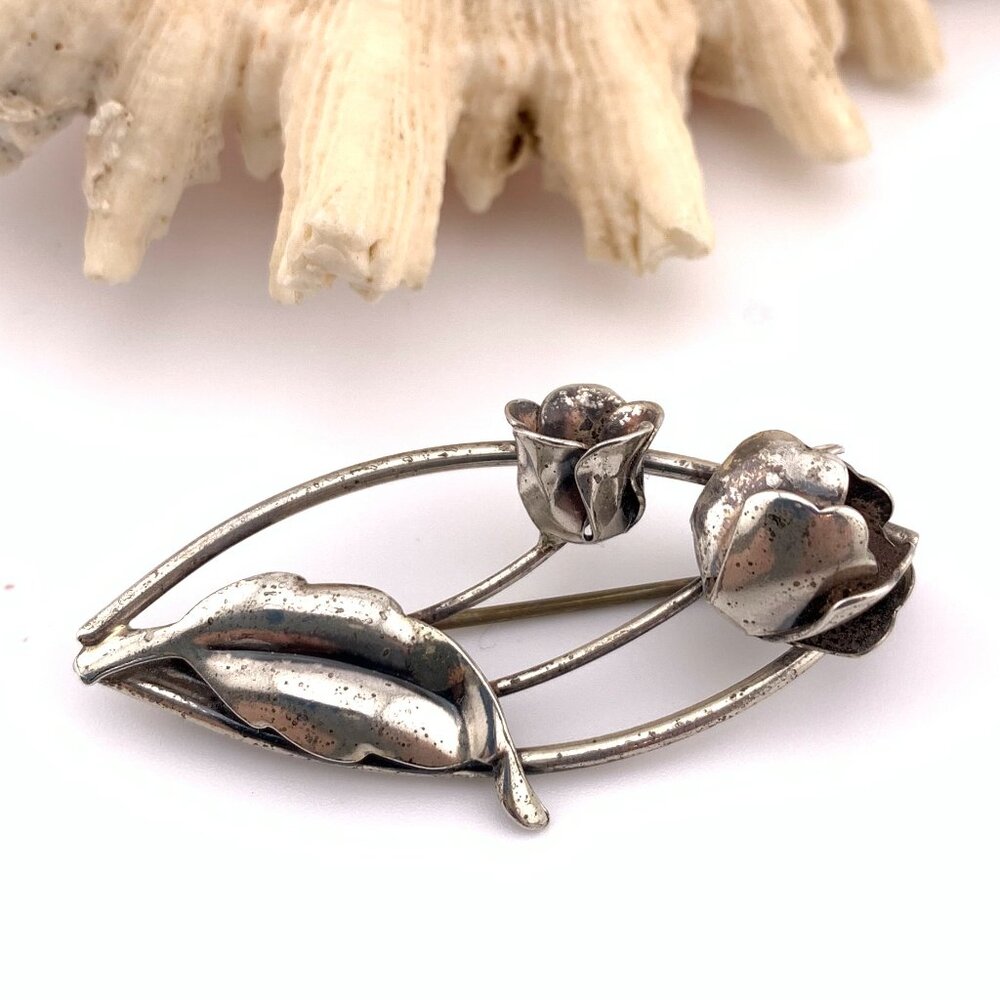 Flower Floral Sterling Silver Brooch 925 Vintage Pin J406